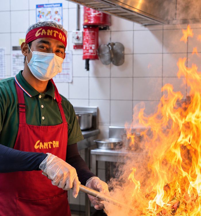 Chef cooking in a wok at Canton